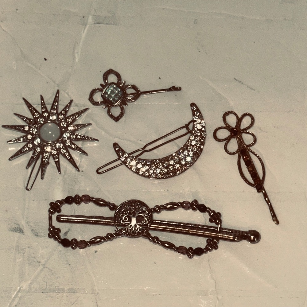 Lot Celestial Hair Clip Rhinestone Moon Sun Tree of Life Silver Tone 5pc Bundle